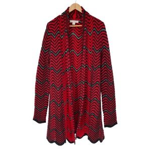 Laura Ashley Wool Blend Red Black Chevron Knit Cardigan Sweater Long Sleeve‎ L
